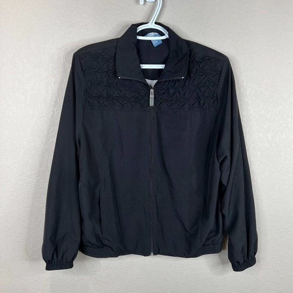 Vintage Koret Sport Womens Track Jacket Size Medium Black Full Zip Ruched Detail - Picture 1 of 12